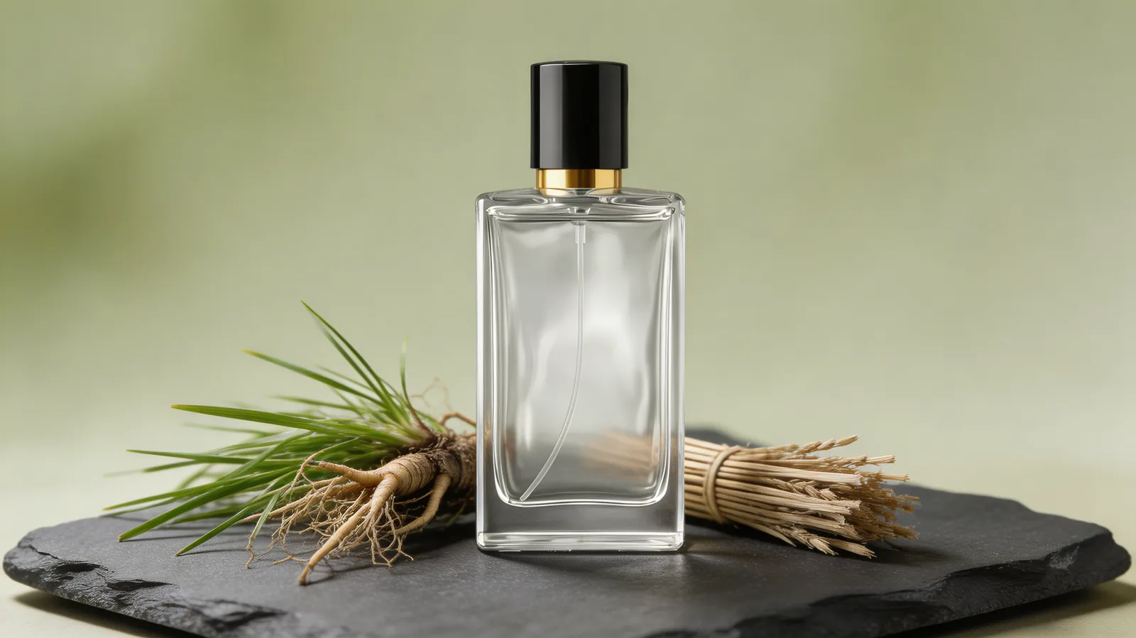 Editorial vetiver note still life with perfume bottle, roots, and mineral textures.