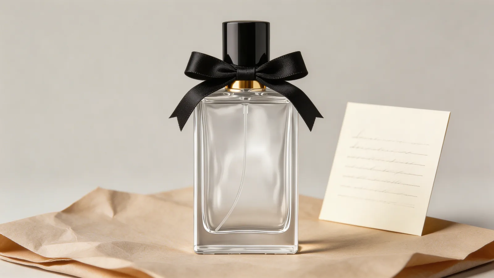 Editorial gifting scene with perfume bottle, ribbon, and note card.