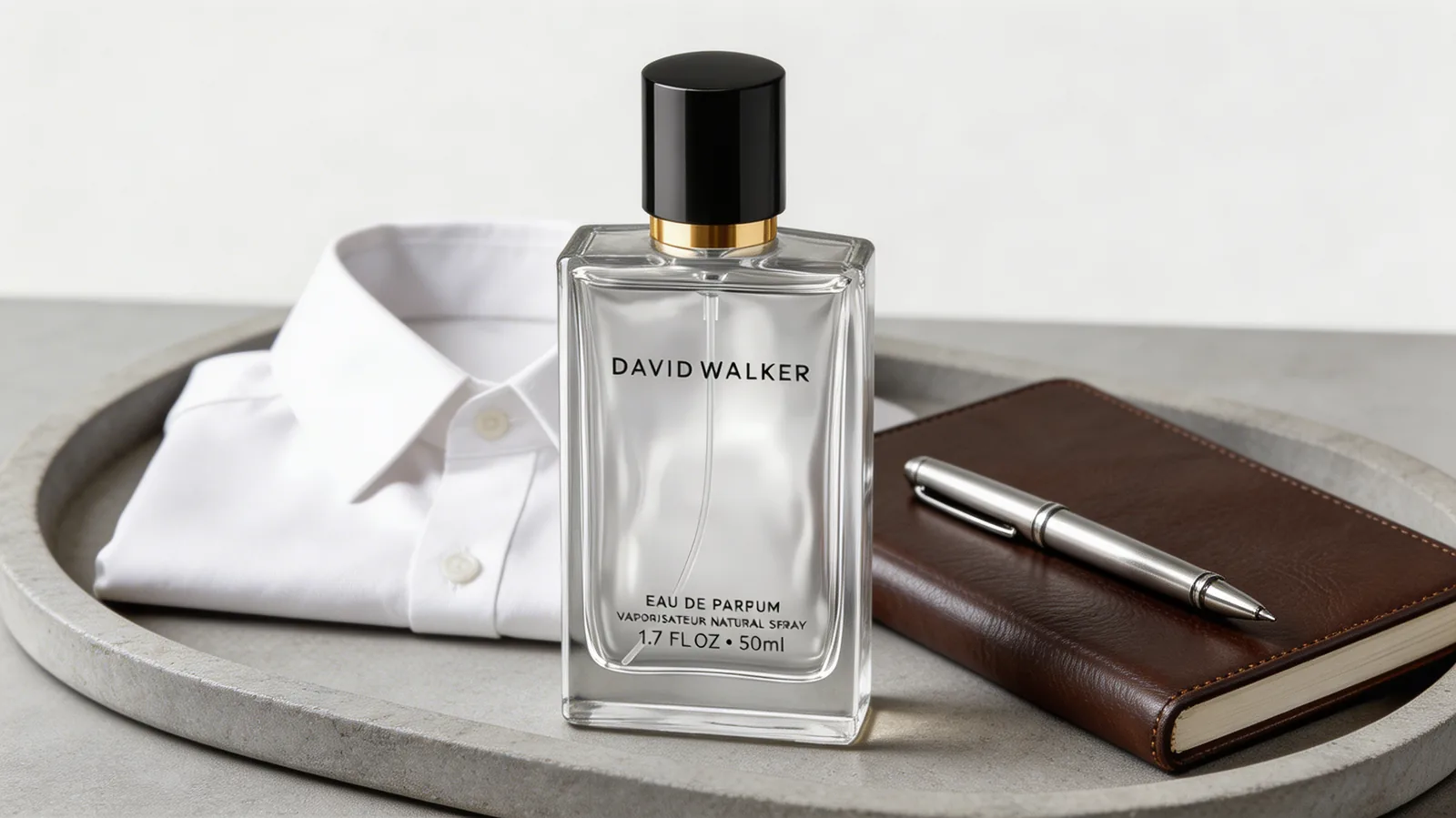 Perfume bottle styled with office accessories for a polished workwear guide.