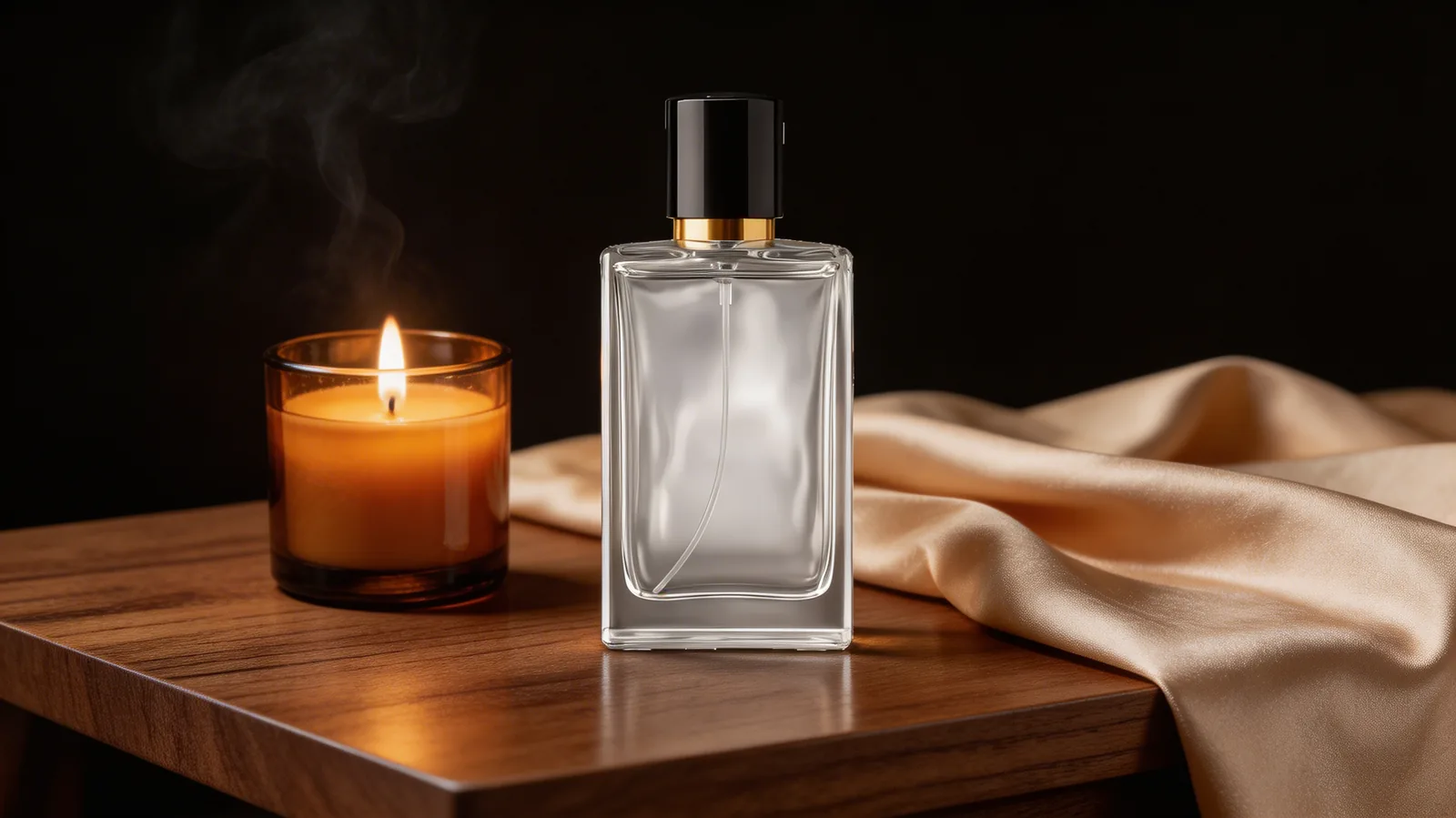Perfume bottle styled with warm candlelight for an amber fragrance guide.