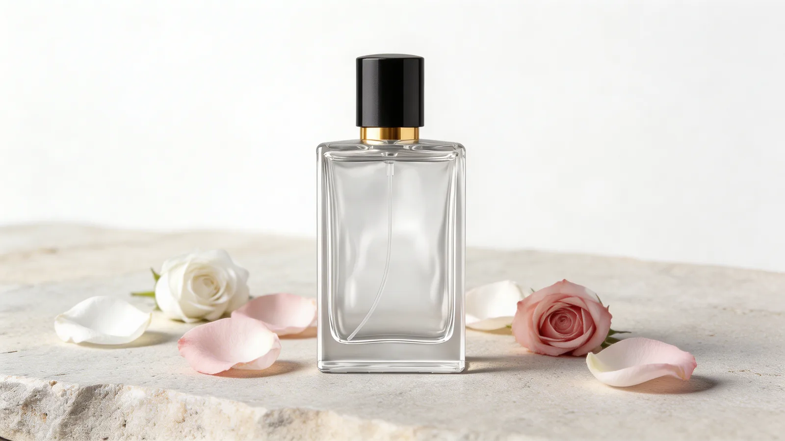 Perfume bottle styled with petals for a floral fragrance guide.