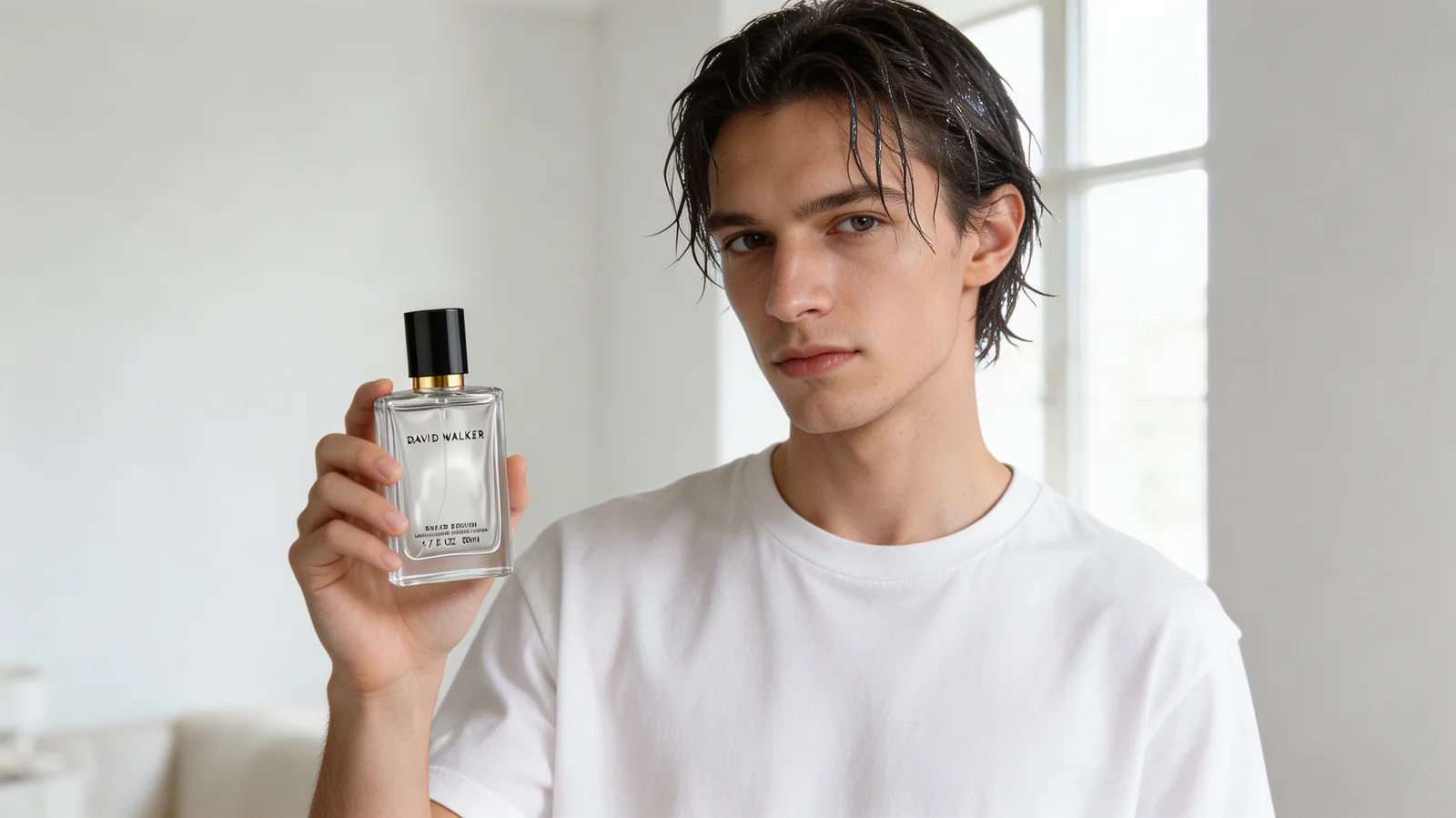 Fresh everyday fragrance portrait in a clean bright interior.