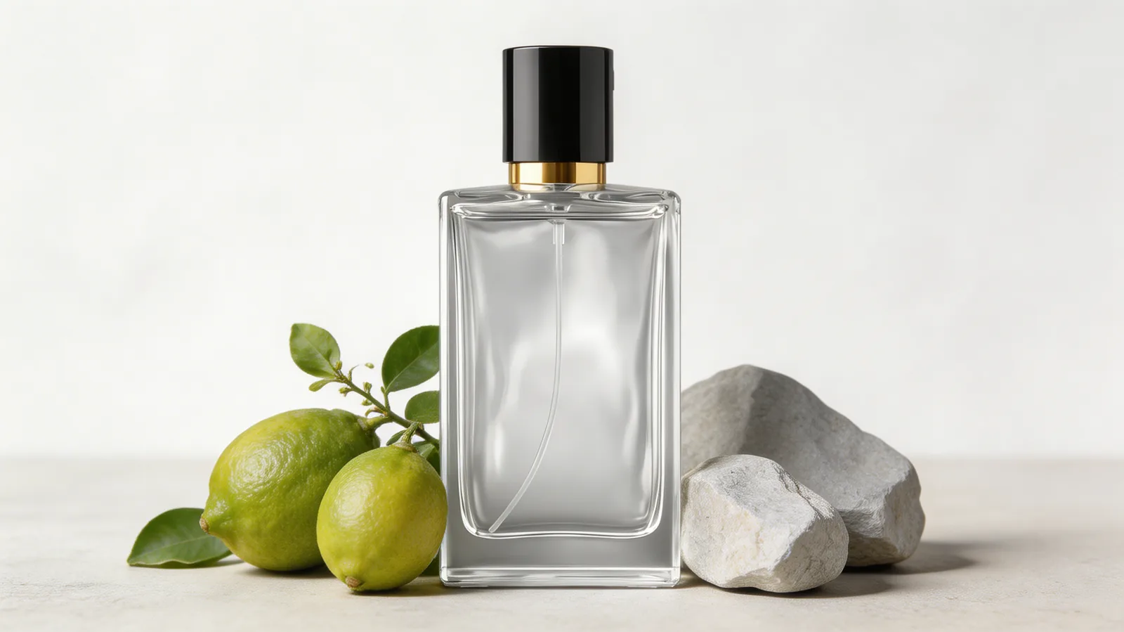 Editorial bergamot note still life with perfume bottle, citrus fruit, and stone.