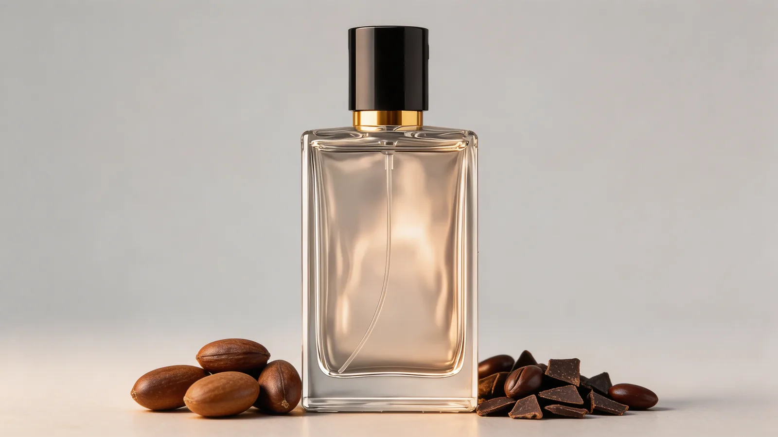 Editorial tonka bean note still life with perfume bottle and warm brown tones.